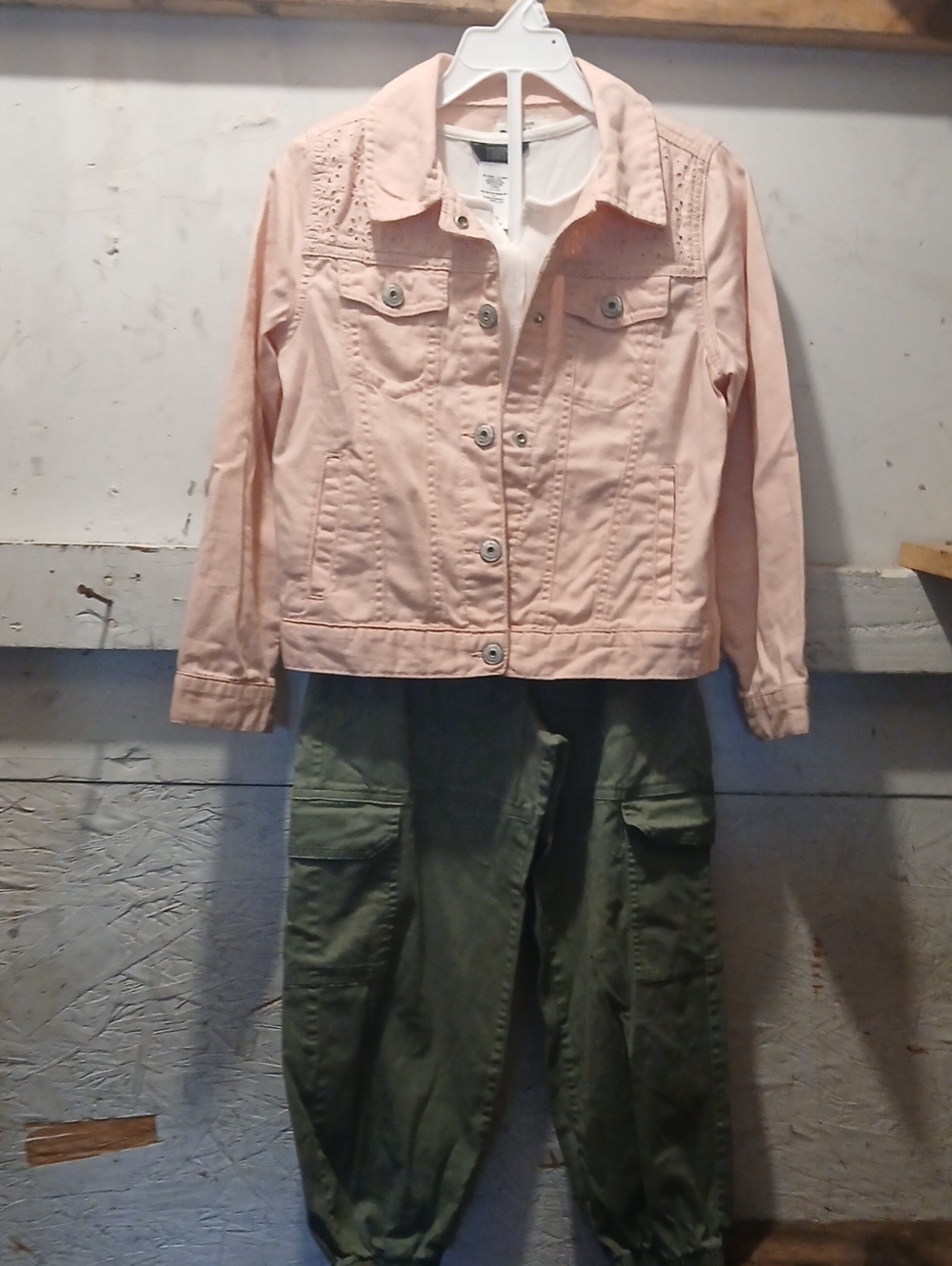 Girls 3 Pc Outfit Osh Kosh Denim Jacket White Shirt Green Cargo Pants See Photos